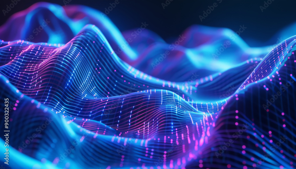 An abstract digital landscape featuring blue and pink neon waves An abstract digital landscape featuring blue and pink neon waves