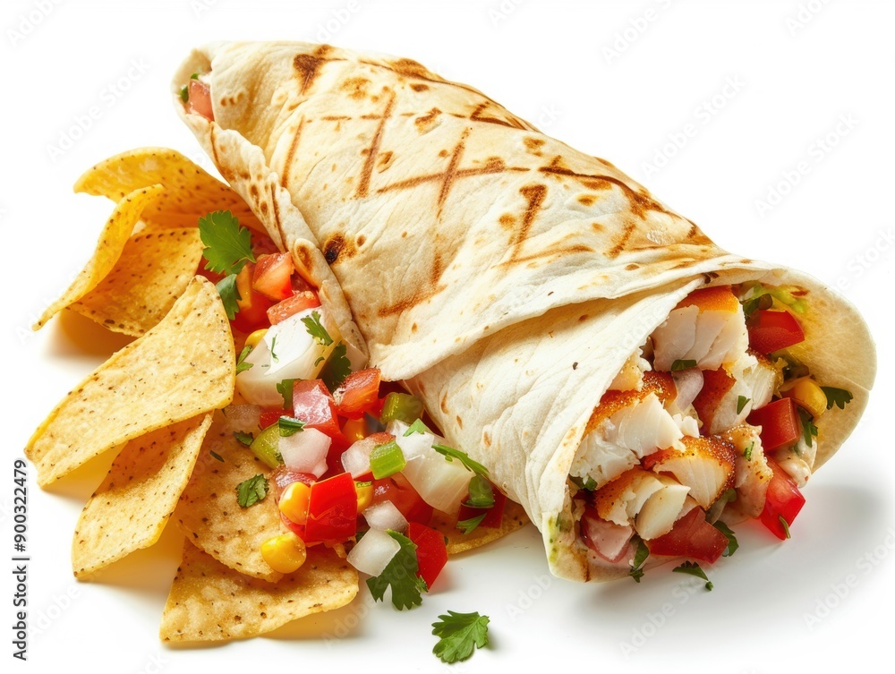 A fresh baja fish burrito accompanied by crispy tortilla chips and agua fresca, showcasing vibrant colors and textures A fresh baja fish burrito accompanied by crispy tortilla chips and agua fresca, showcasing vibrant colors and textures