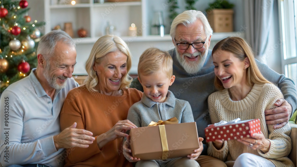 Happy family with gift box sitting on sofa in living room at home Happy family with gift box sitting on sofa in living room at home