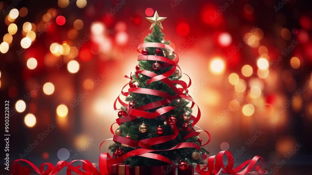 Christmas tree adorned with red ribbons, ornaments and movement particle effect. red silver or dark red gradient background christmas footage Christmas tree adorned with red ribbons, ornaments and movement particle effect. red silver or dark red gradient background christmas footage