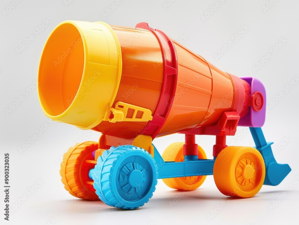 A vibrant toy cement mixer rests against a plain white backdrop, designed for creative childhood construction play A vibrant toy cement mixer rests against a plain white backdrop, designed for creative childhood construction play