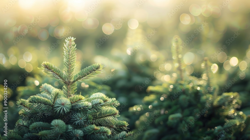 Fototapeta premium A tranquil Christmas tree farm features lush pine trees softly illuminated by gentle morning light