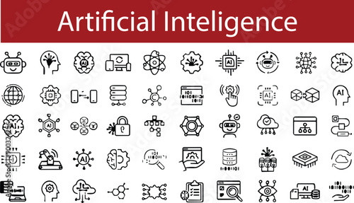 Artificial Intelligence and Machine Learning Icons. Monoline Series. thin line vector icon set. Pixel perfect. Editable stroke. The set contains signs Robot, Big Data, Digital Profile, AI Research,