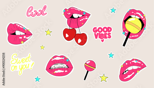 Sticker pack with woman lips, stars, lollipop and lettering. Women lips expressing different emotions. Glossy female lips. Hand drawn vector illustration