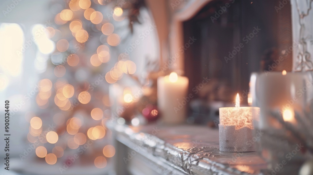 Soft candlelight glows on a mantel surrounded by a blurred holiday atmosphere Soft candlelight glows on a mantel surrounded by a blurred holiday atmosphere