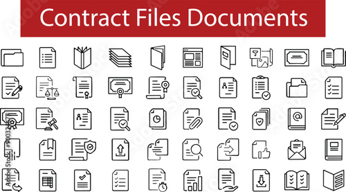 Legal Documents Icons Line Series set. law, certificate, contract files, form. File Management collection