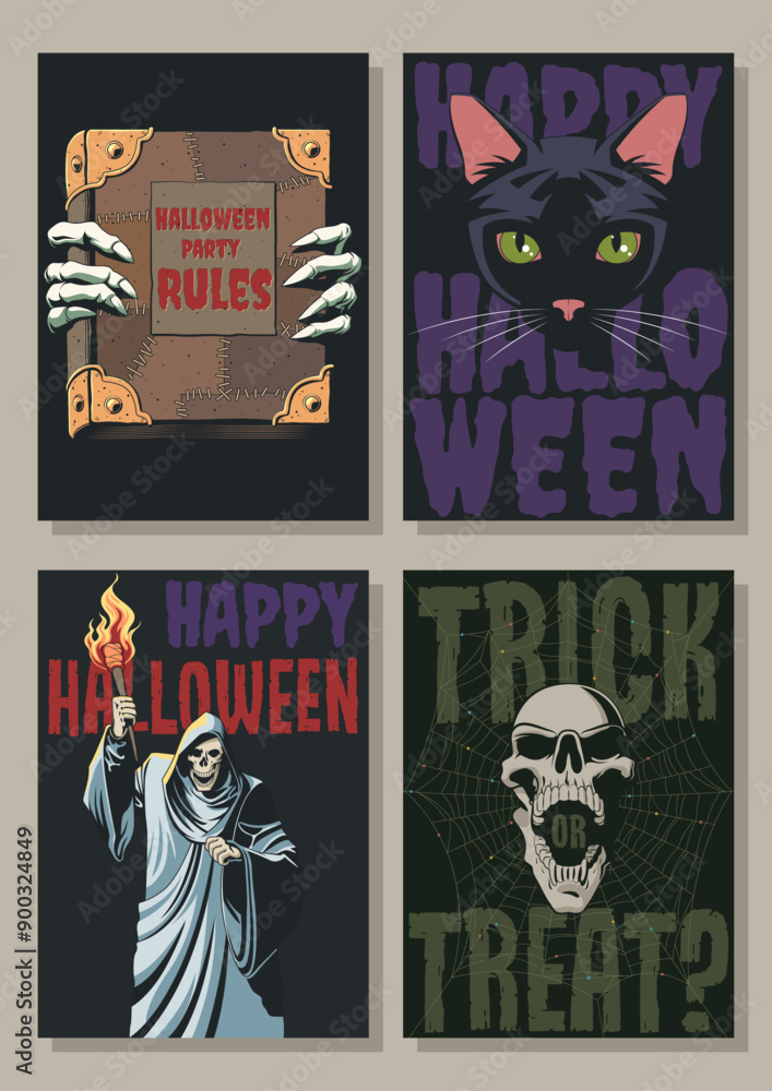 Fototapeta premium Happy Halloween Greeting Cards, Halloween Party Posters, Covers, Invitations Vector Template Set. Ancient Book of the Dead, Black Cat's Muzzle, Grim Reaper with a Torch, Cobweb, Skull