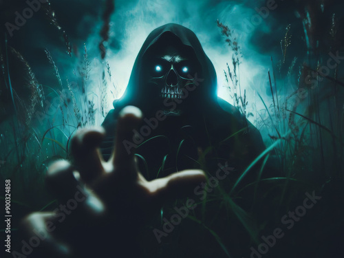 Skull ghost in the grass/Dark Horror Background.