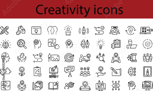 Creativity line icons. Business, solution, think, Creative idea, team management, solution, brainstorming, invention. Vector