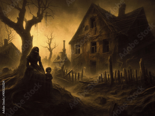 Ghost of mother and child in abandoned house /Dark Horror Background.