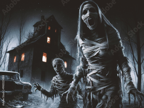 
Mummy ghost, abandoned house, night/Dark Horror Background.