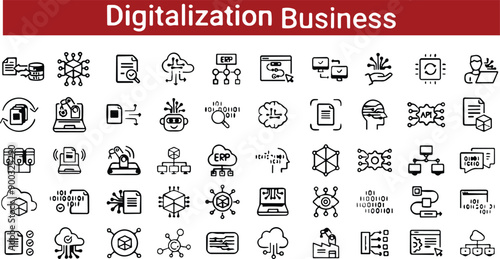 Digitalization line icons set. Graphic elements, stock vector Icon, Business, product, computer, system, Technology connection