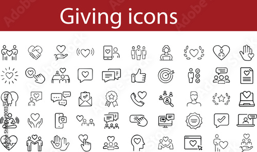 Giving charity or donation line icons set Friend, team, love, Humanitarian, Community, Donation Box, Fundraising