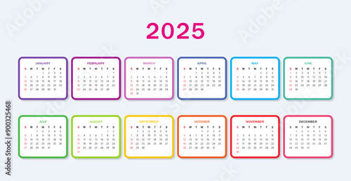 Colorful vector calendar template for 2025 on a light gray background