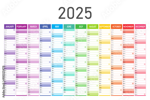 Calendar planner for 2025. Colorful wall calendar in English on a white background. Vector template