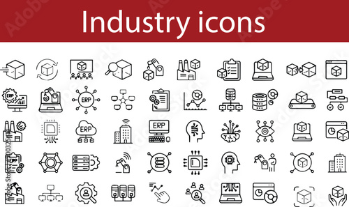Industry or factory data and processing document line icons set. Data, finance, computer, Networking and supply chain collection