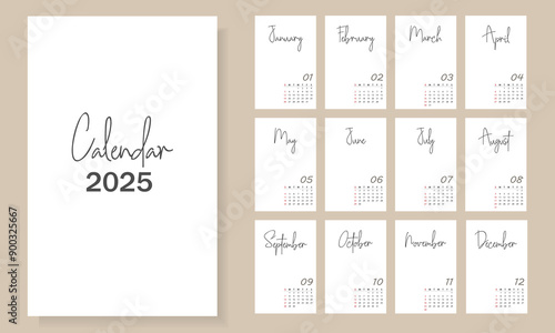 The calendar for 2025 is in a fashionable minimalistic style. A set of 12 pages of a desktop calendar. The design of the planner of the minimum calendar for 2025 for printing a template. 