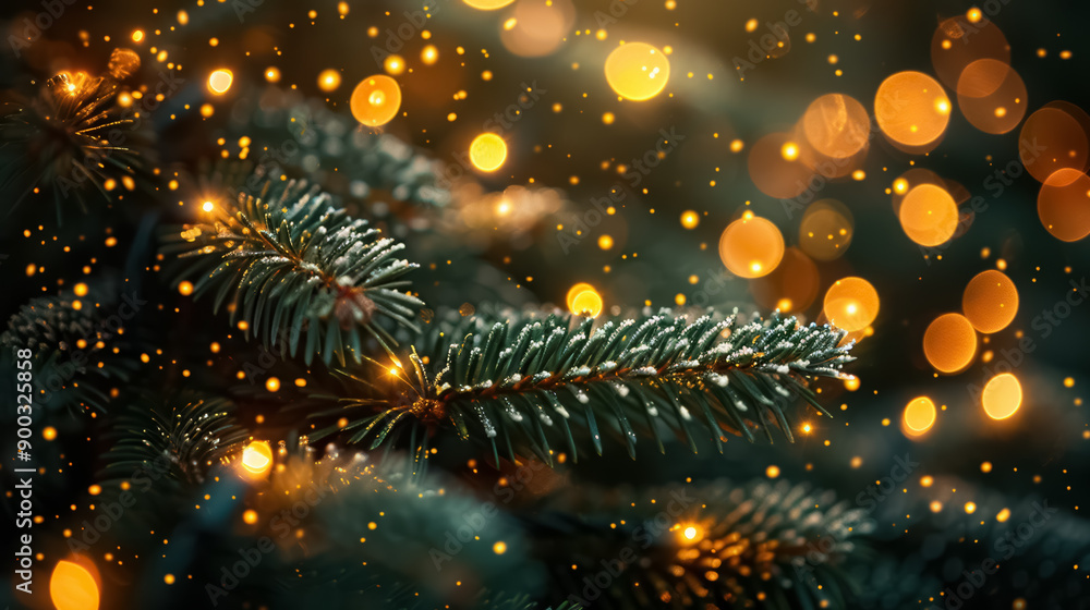 Gold Christmas lights on the green background with Christmas tree on New Year's Eve Gold Christmas lights on the green background with Christmas tree on New Year's Eve