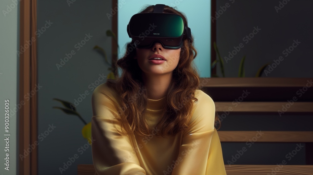 Woman Immersed in Virtual Reality Experience with VR Headset - Modern Technology and Digital Innovation Woman Immersed in Virtual Reality Experience with VR Headset - Modern Technology and Digital Innovation