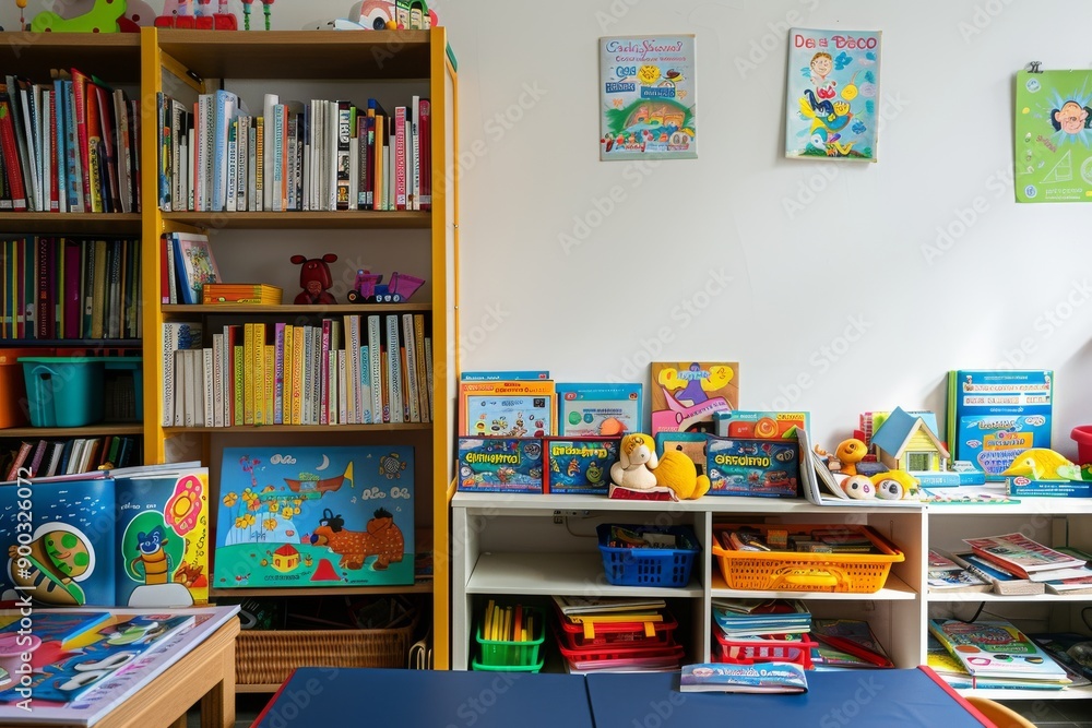 Colorful Classroom with Bookshelves and Toys Colorful Classroom with Bookshelves and Toys