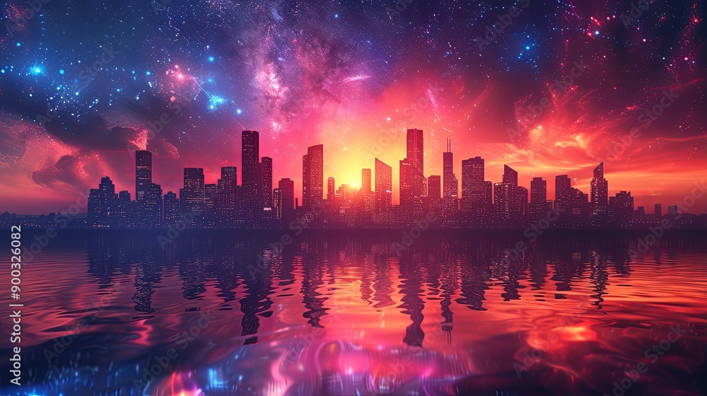 Vector illustration urban architecture, cityscape with space and neon light effect. Modern hi-tech, science, futuristic technology concept. Abstract digital high tech city design for banner Vector illustration urban architecture, cityscape with space and neon light effect. Modern hi-tech, science, futuristic technology concept. Abstract digital high tech city design for banner