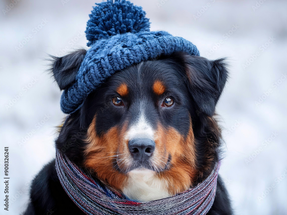 Ein Australian Shepherd mit Wollmütze und Schal im Winter