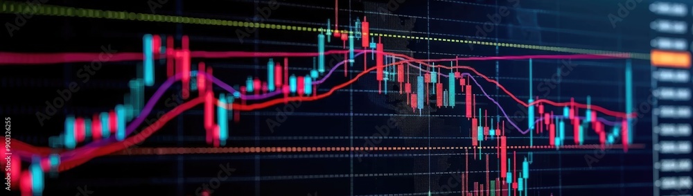 Closeup financial chart with uptrend line candlestick graph in stock market on blue color monitor background Closeup financial chart with uptrend line candlestick graph in stock market on blue color monitor background