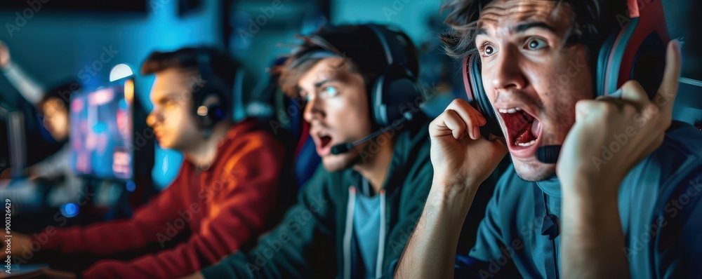A group of young gamers immersed in an intense gaming session, showcasing emotional expressions and engagement. A group of young gamers immersed in an intense gaming session, showcasing emotional expressions and engagement.