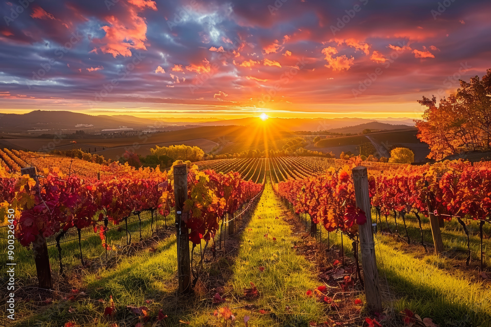 A picturesque vineyard at sunset, with rows of grapevines in vibrant autumn colors & the sun setting behind rolling hills. The warm hues create an enchanting atmosphere as it illuminate the landscape. A picturesque vineyard at sunset, with rows of grapevines in vibrant autumn colors & the sun setting behind rolling hills. The warm hues create an enchanting atmosphere as it illuminate the landscape.