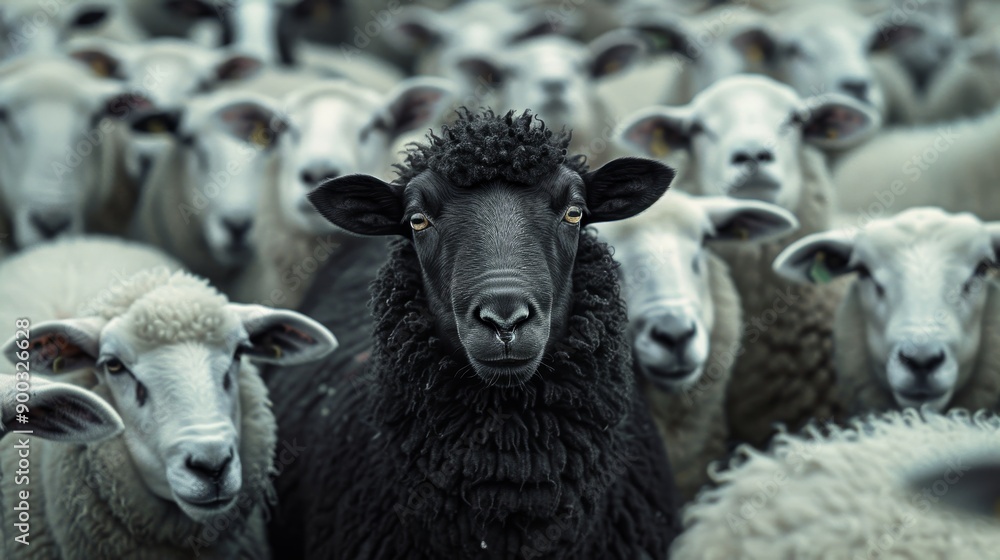 Obraz premium A black sheep stands out in a herd of white sheep