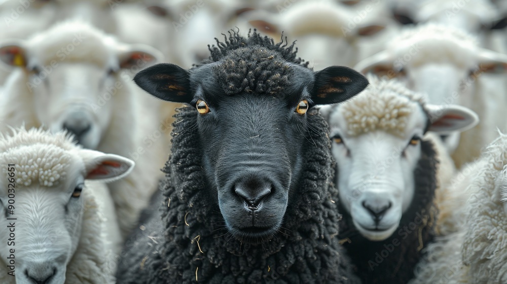 Obraz premium A black sheep stands out in a herd of white sheep