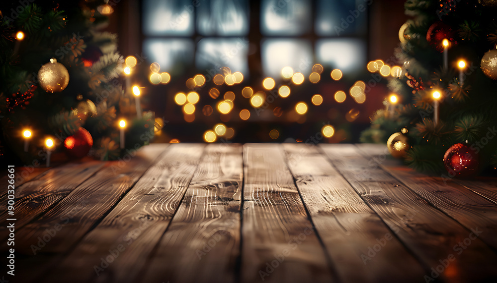 Empty wooden table with christmas theme in background Empty wooden table with christmas theme in background