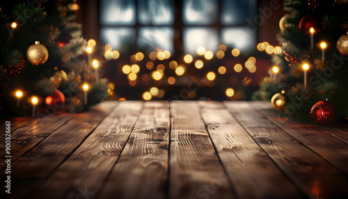 Empty wooden table with christmas theme in background