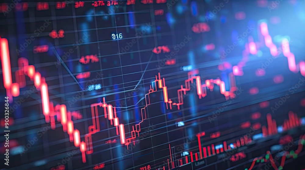 Closeup financial chart with uptrend line candlestick graph in stock market on blue color monitor background Closeup financial chart with uptrend line candlestick graph in stock market on blue color monitor background