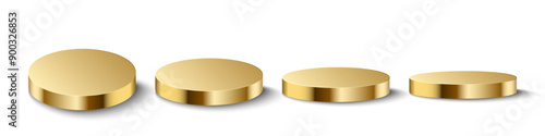 Metal platform, podium of golden color, round stage for product presentation. Shiny metallic gold display, scene 3d render stand to show cosmetic production, showcase side and top view Realistic vecto