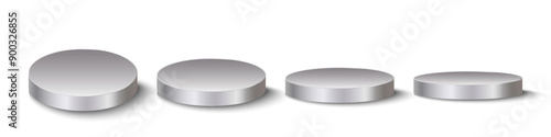 Metal platform, podium of silver color, round stage for product presentation. Shiny metallic display, scene 3d render stand to show cosmetic production, showcase side and top view Realistic vector set
