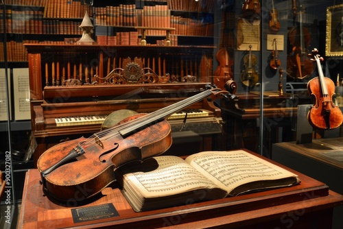 Violin, Sheet Music, and a Piano in a Museum Display