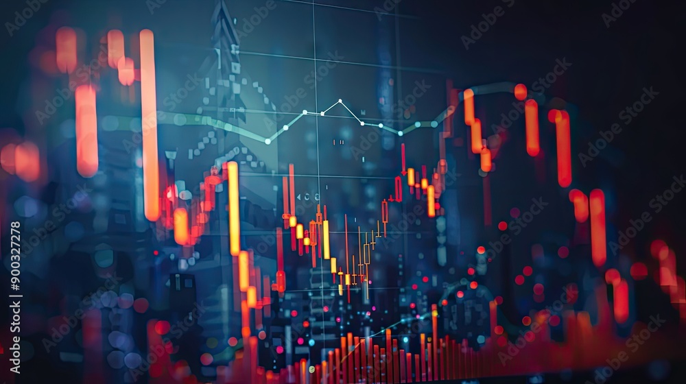 Closeup financial chart with uptrend line candlestick graph in stock market on blue color monitor background Closeup financial chart with uptrend line candlestick graph in stock market on blue color monitor background
