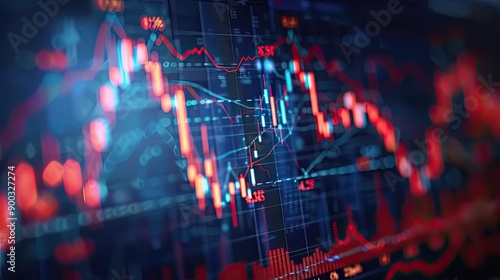 Closeup financial chart with uptrend line candlestick graph in stock market on blue color monitor background