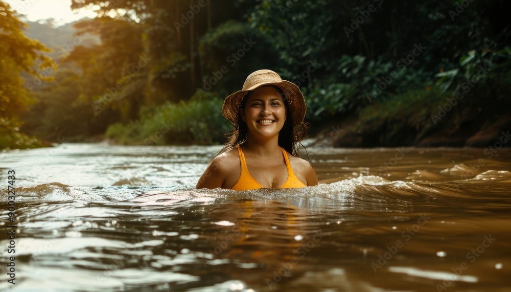 Fototapeta premium Smiling Woman in a Straw Hat Floating in a River