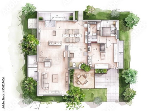 A drawing of a house with a large open living room and a small kitchen. The house is surrounded by trees and has a peaceful, natural feel