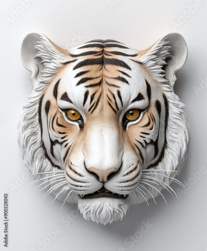 tiger head statue on the wall, created from concrete, resin, 3D render, isolated in clean background