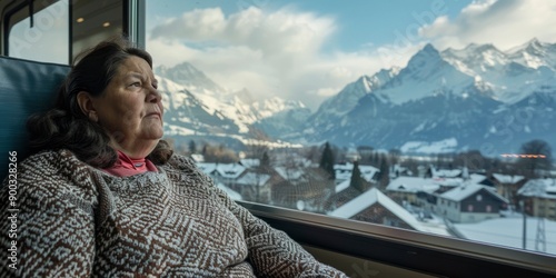 Woman Gazing Out Train Window at Snowy Mountain Landscape