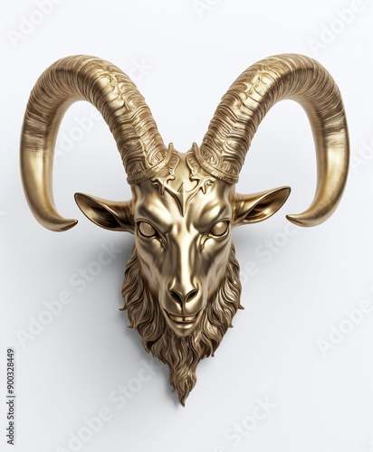 Gold Baphomet Goat Satanic Head with Pentagram mystical figure head statue isolated in white background
