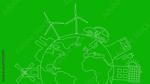 Animated linear white icon of green energy city on circle planet. Line symbol. Concept of Sustainability, environment, renewable energy, green technology. Illustration isolated on green background. 
