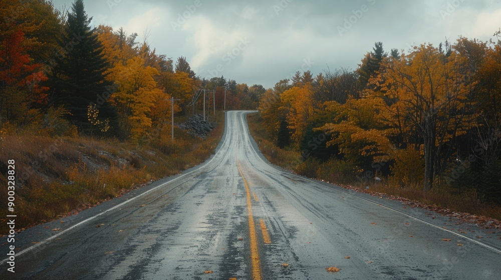 A photo of a wet road surrounded by trees in a dense forest, perfect for use in outdoor or nature-themed projects A photo of a wet road surrounded by trees in a dense forest, perfect for use in outdoor or nature-themed projects