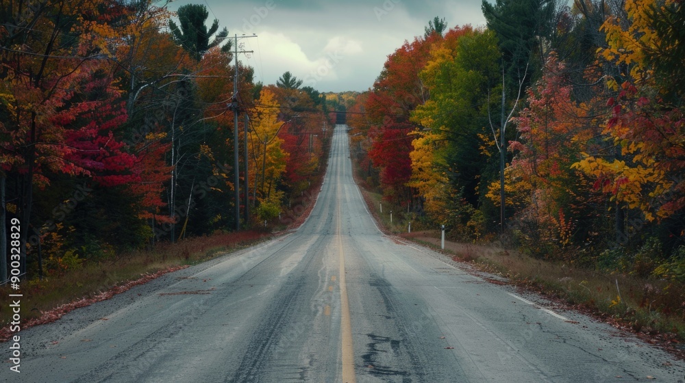 Fototapeta premium A long road stretches through a forest with changing leaves in autumn