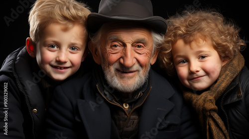 Opa und zwei Enkel Jungs lachen in die Kamera - Portrait Familie photo