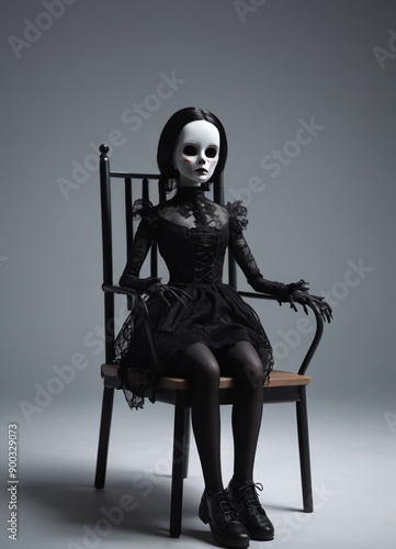 creepy girl horror doll sitting on a rocking chair in a dimly lit room with, thriller theme doll