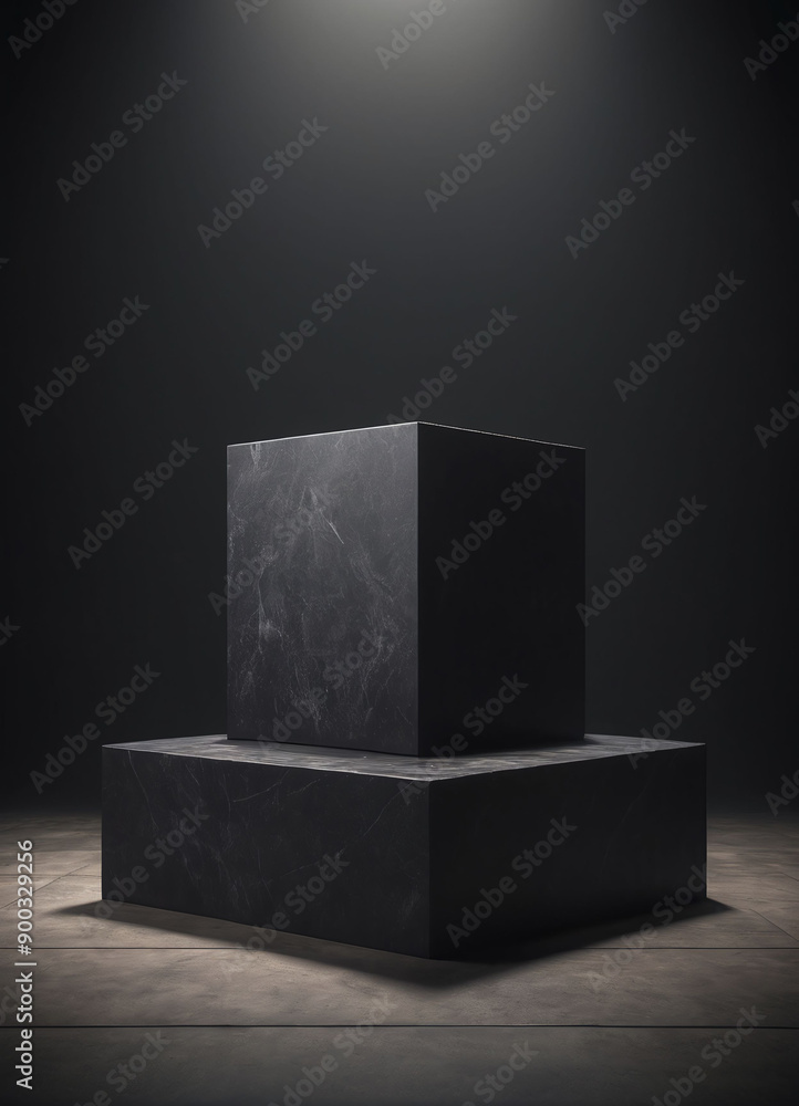 Empty black podium or pedestal product display on dark background with long platform. Blank product shelf standing backdrop. 3D rendering. Empty black podium or pedestal product display on dark background with long platform. Blank product shelf standing backdrop. 3D rendering.
